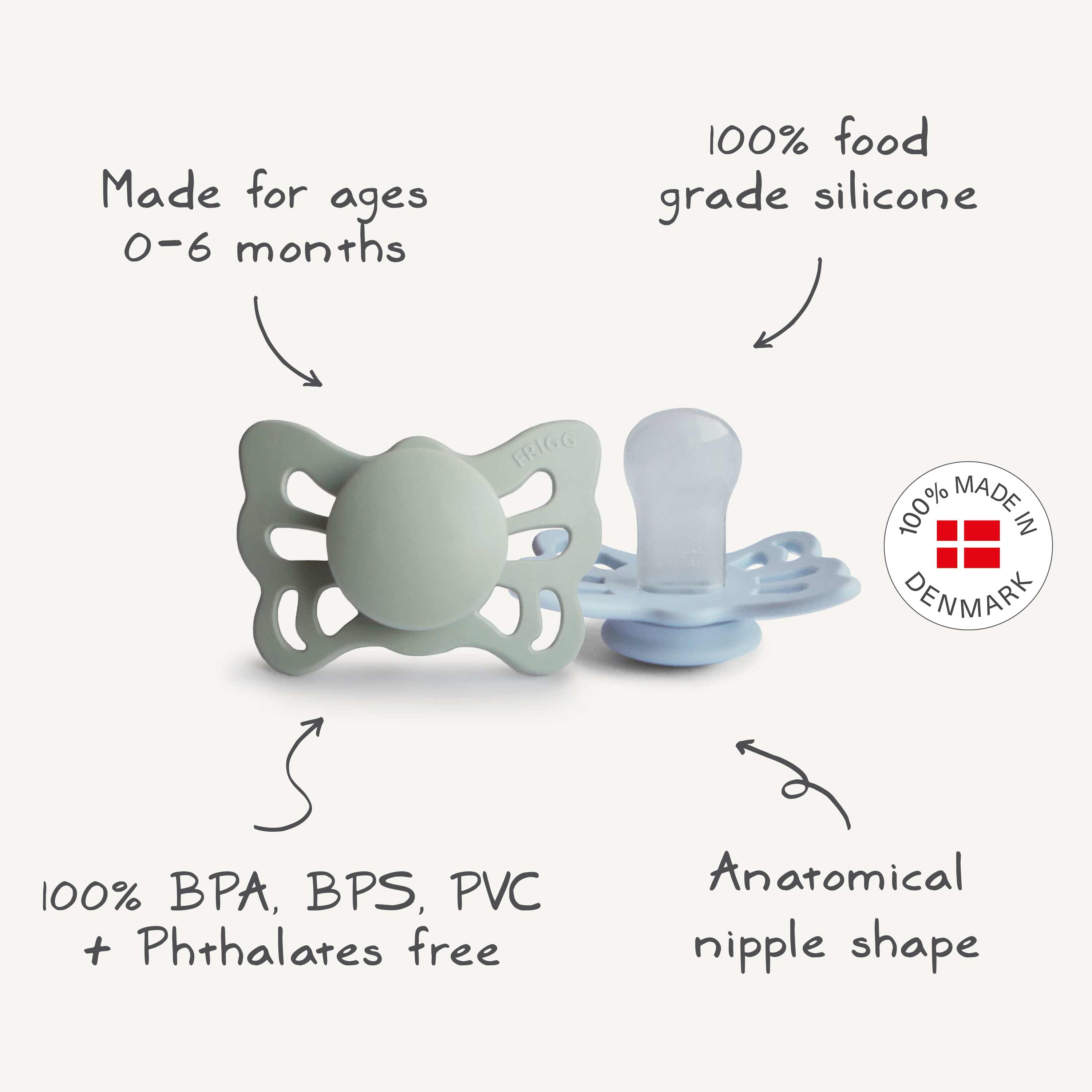 FRIGG Butterfly Anatomical Silicone Pacifier 2-Pack (0-6 Months) {Drop Ship}